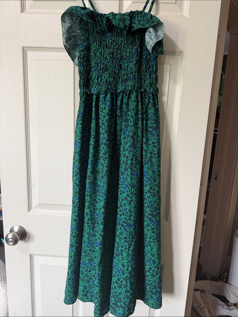 Smocked Floral Maxi Dress for women - Green Blue